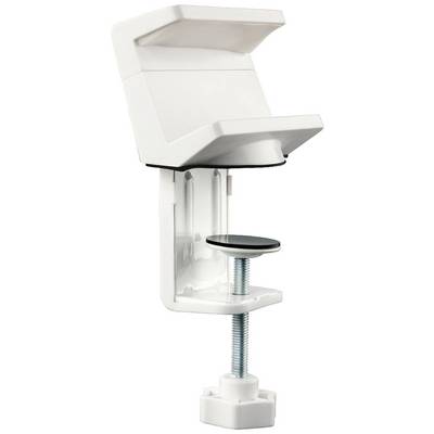 A white plastic wall mount with a screw mechanism, designed for attaching to a table edge. Suitable for various devices.