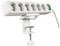 White multi-socket extension with six outlets and power switch. Mounted on a desk clamp for flexible installation.