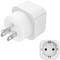 White travel adapter with two-pin plug and European socket, suitable for international electrical devices.