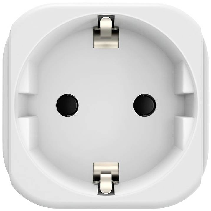 A white, round wall socket with two round openings in the centre and metal contacts at the top and bottom.