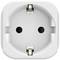 A white, round wall socket with two round openings in the centre and metal contacts at the top and bottom.