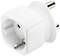 A white, circular plug adapter with two round metal pins for converting plug types.