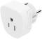 A white adapter plug with two socket openings and a round earthing pin for connection with wall sockets.