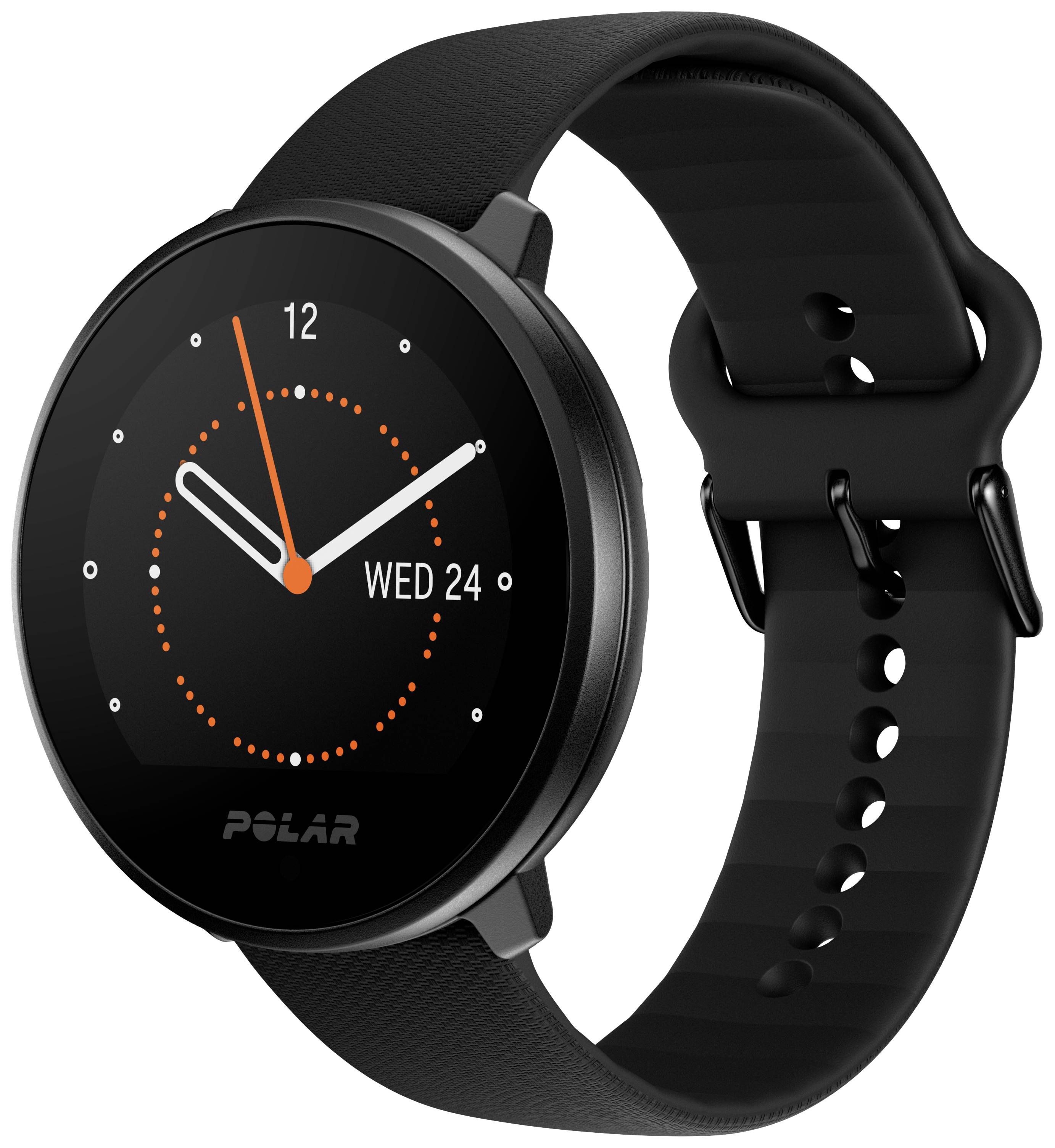 A black smartwatch displays the time as 12:10 and the date as 'Wed 24'. The screen features a minimalist watch face design.