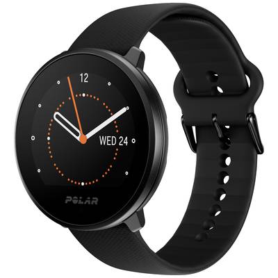 A black smartwatch displays the time as 12:10 and the date as 'Wed 24'. The screen features a minimalist watch face design.