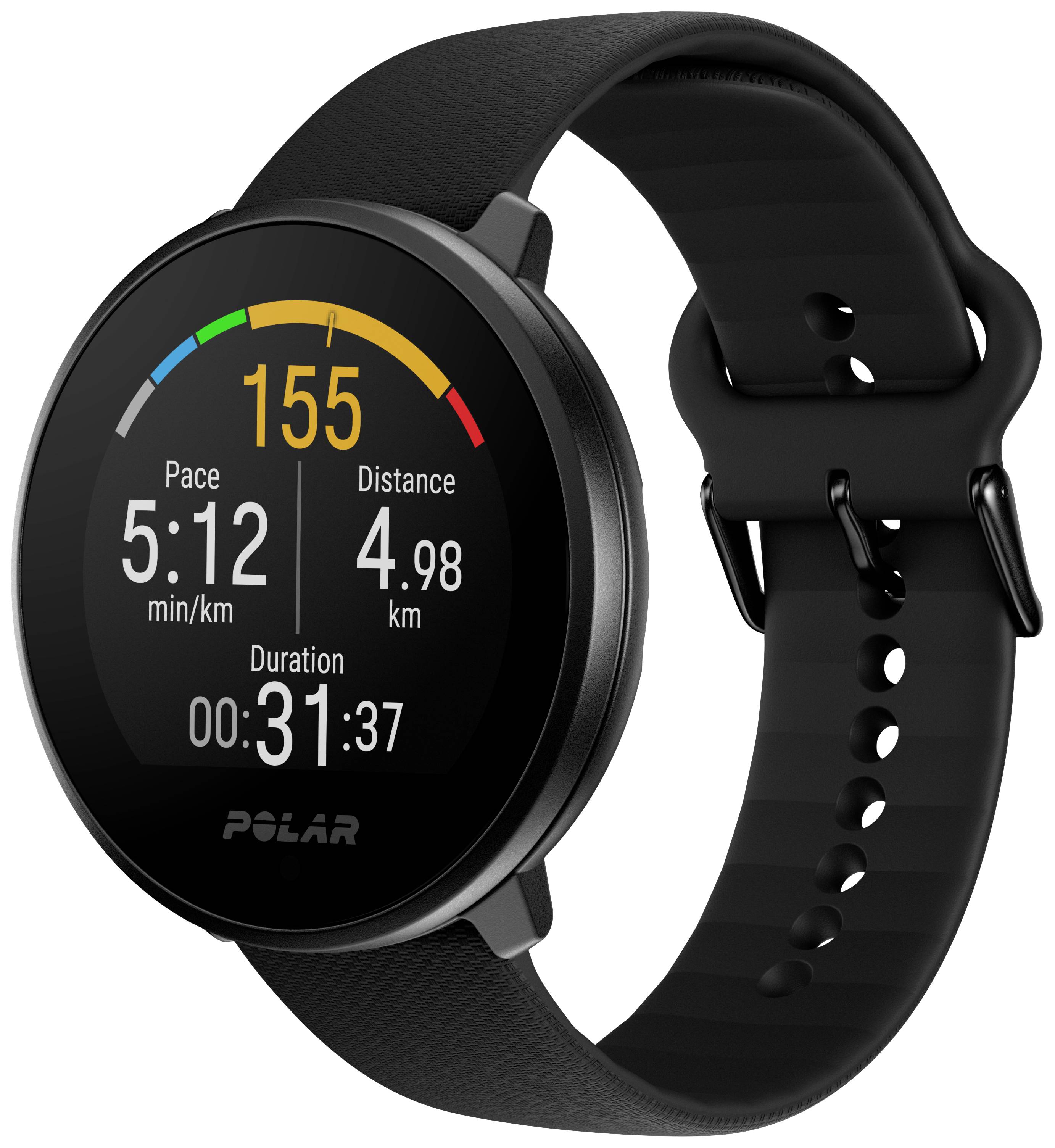 A black sports watch displays data: heart rate 155 bpm, pace 5:12 min/km, distance 4.98 km, duration 31:37 minutes.