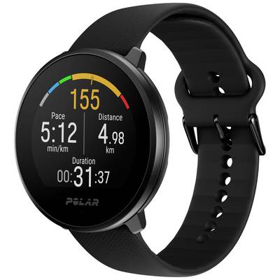 A black sports watch displays data: heart rate 155 bpm, pace 5:12 min/km, distance 4.98 km, duration 31:37 minutes.