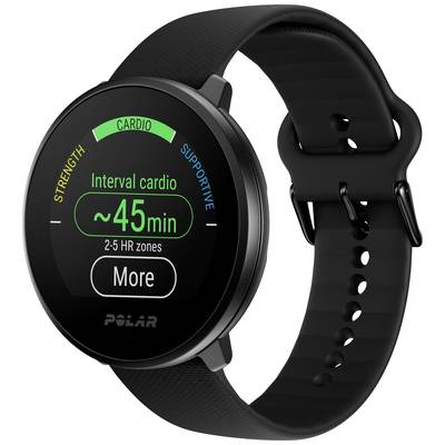 A black sports watch displays an interval cardio training of approximately 45 minutes in zones 2-5.