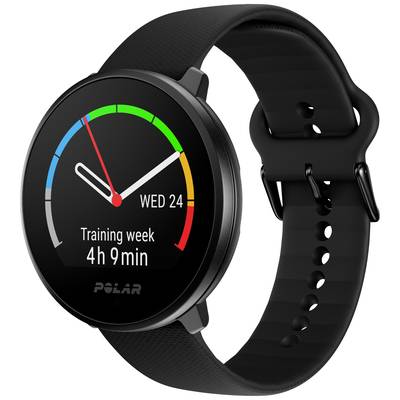 Black smartwatch with round display shows date 'Wed 24' and training week with '4h 9min'. Colour ring symbolises activity level.