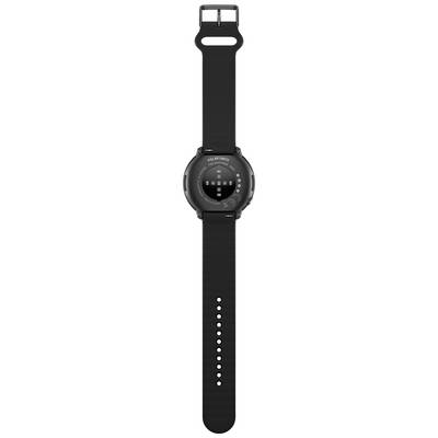 Black smartwatch with a round case and two buttons on the sides. Display shows colourful, circular graphical elements.