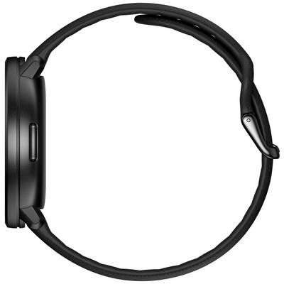 Black wristwatch viewed from the side with a round case and minimalist design. The watch case and strap are clearly visible.