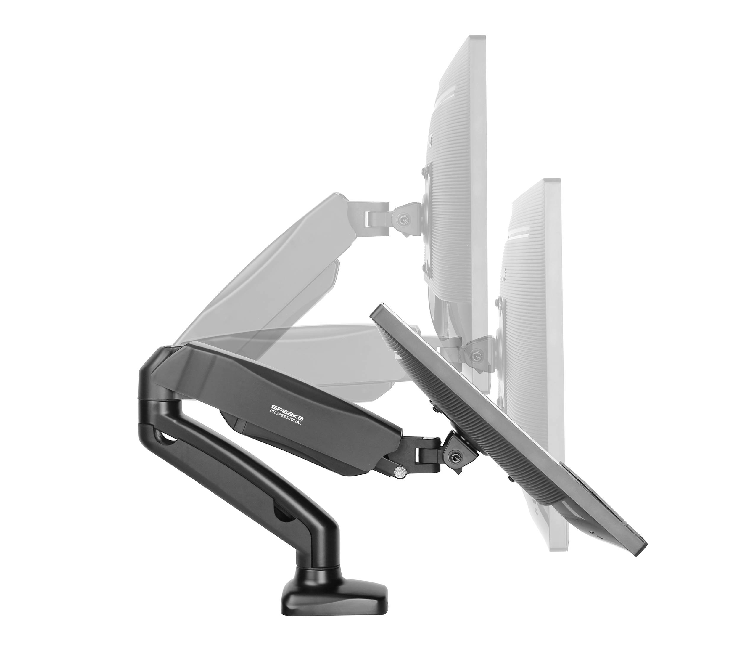 Image of an adjustable monitor arm with two screens in different positions to illustrate flexibility and ergonomics.