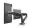 Two monitors on a flexible, adjustable arm mounted to a desk show an ergonomic working solution.