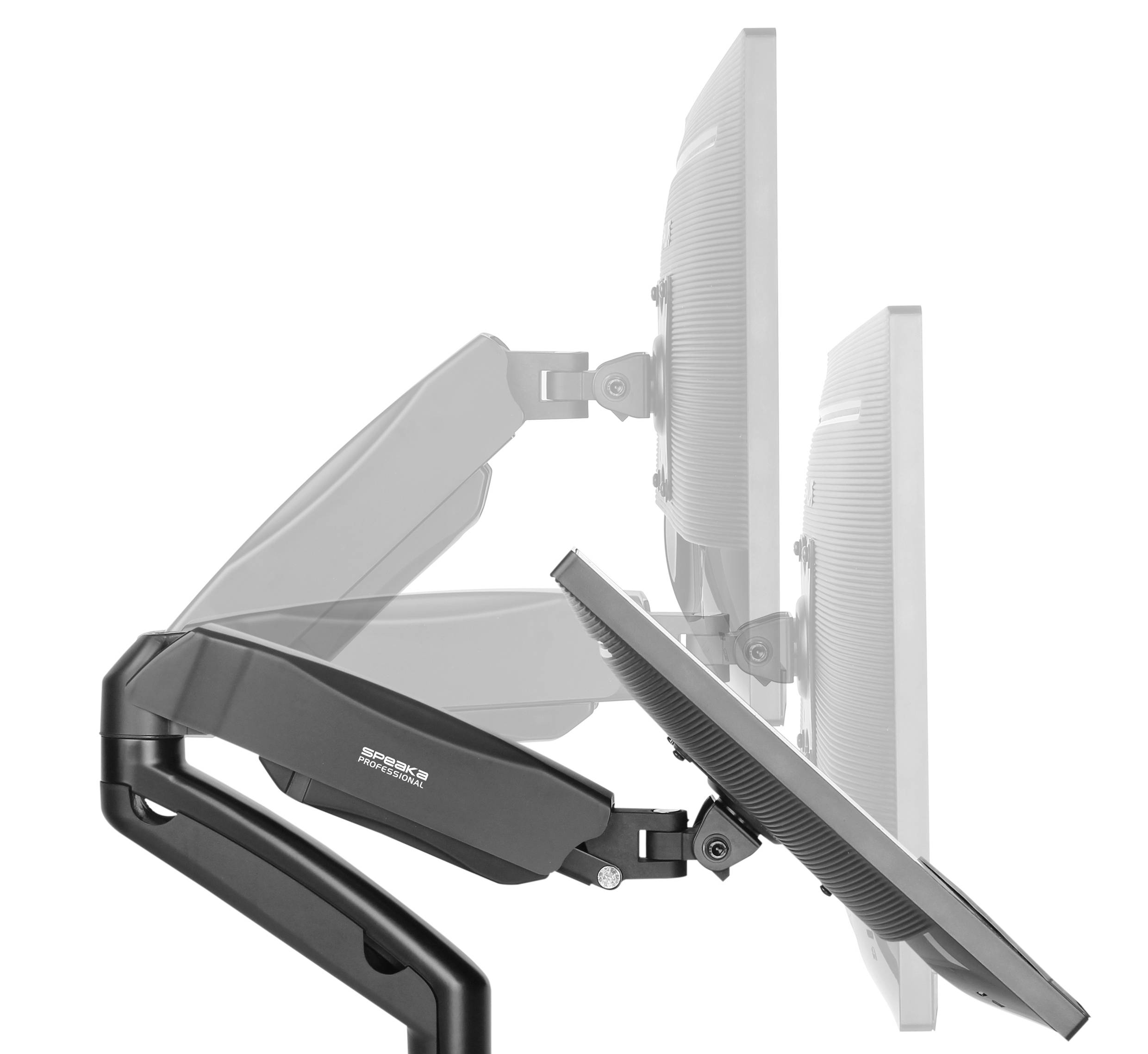 Two computer monitors display a mounting bracket that allows for flexible tilt and swivel positions.