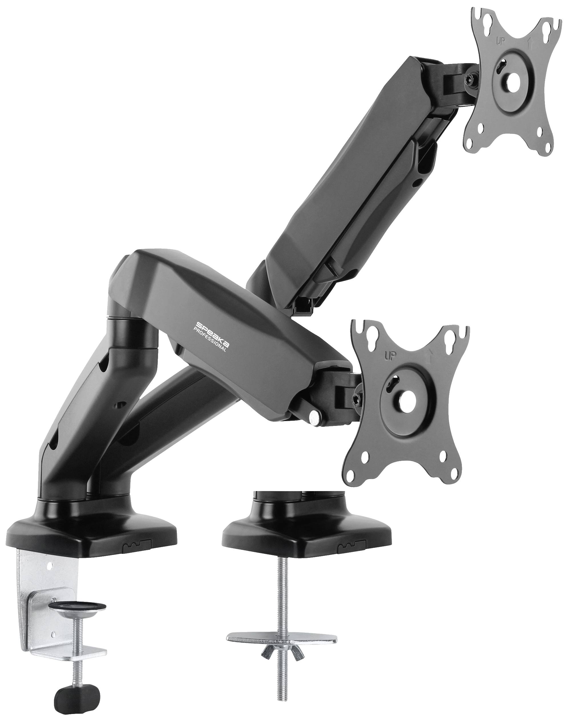 Two black monitor mounting arms with adjustable arms and clamps for attaching to a desk edge.