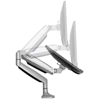 An ergonomic monitor arm demonstrates several positions to adjust the height and tilt angle of a monitor.