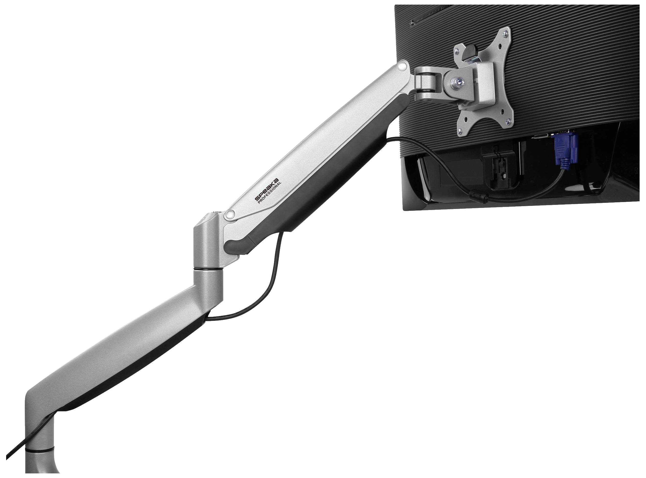 A height-adjustable metal monitor arm holds a screen, enables flexible positioning and saves desk space.