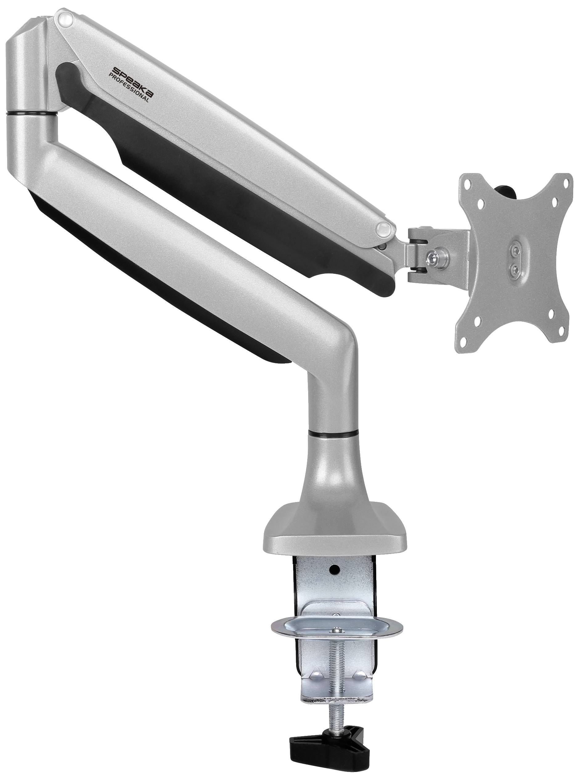 Image of a silver monitor arm with a clamp for desk mounting and a VESA mount for monitors.