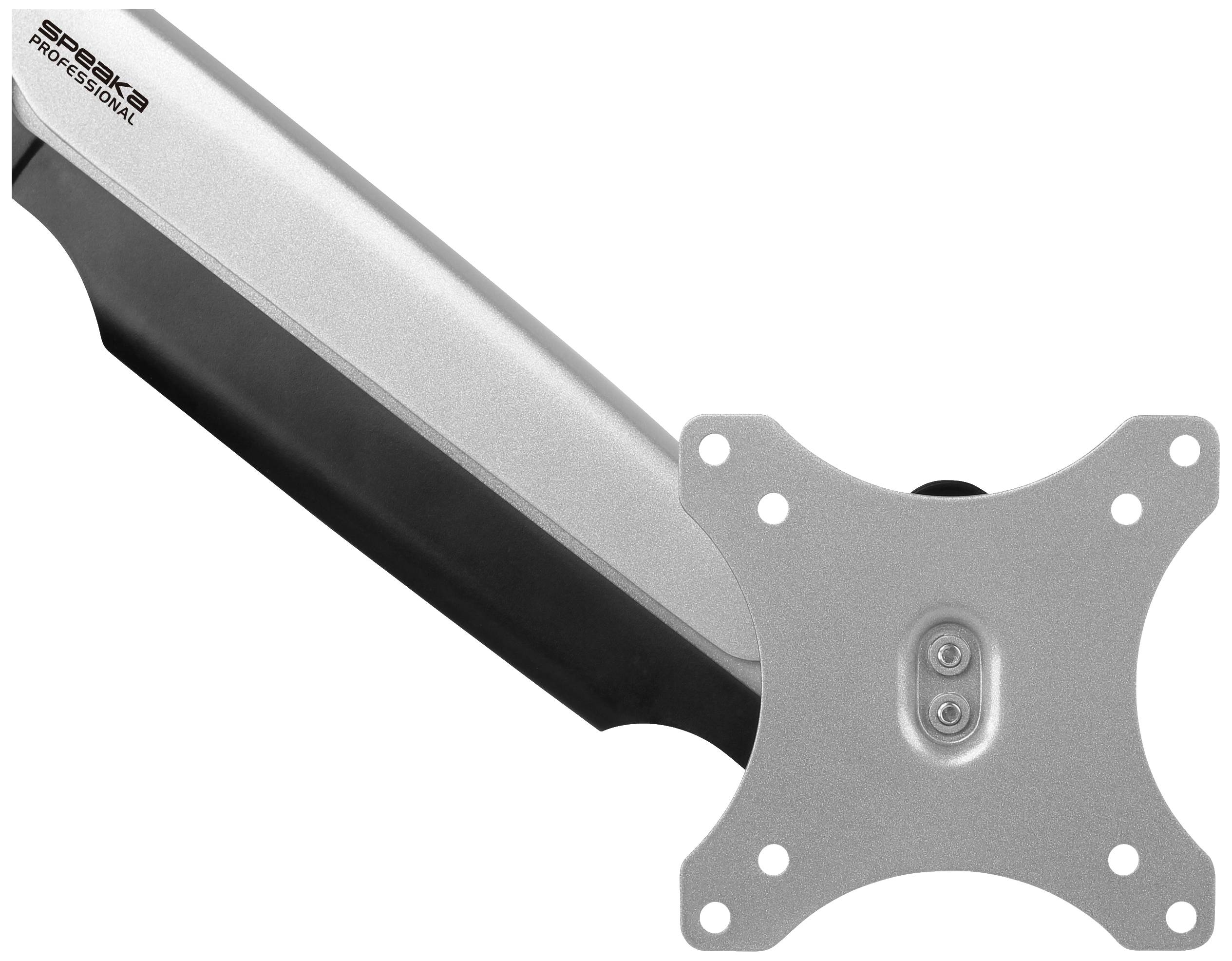 A silver monitor arm with a rectangular, adjustable joint and a VESA mount for attaching a monitor.