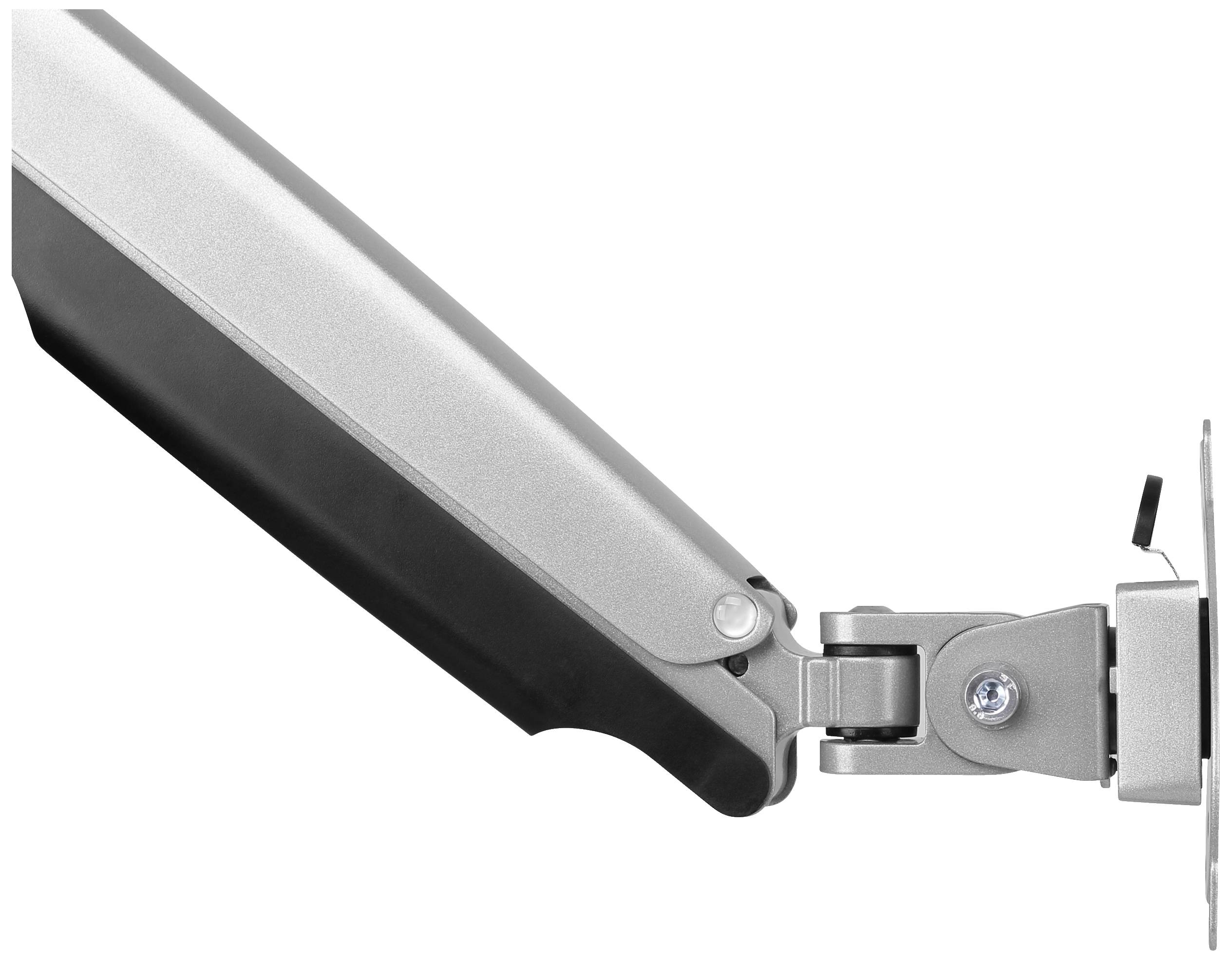 A height-adjustable metal monitor arm with a joint, mounted on a vertical surface.