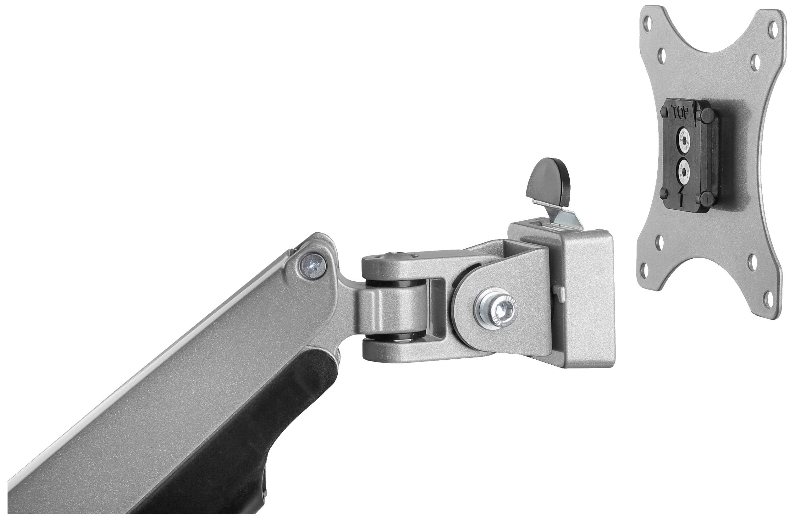 A silver-coloured monitor arm with articulated joint and wall mount, suitable for attaching a monitor to a wall.
