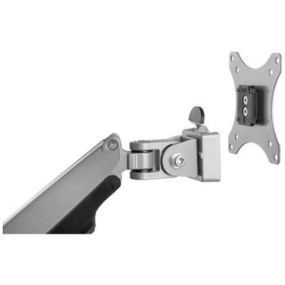 A silver-coloured monitor arm with articulated joint and wall mount, suitable for attaching a monitor to a wall.