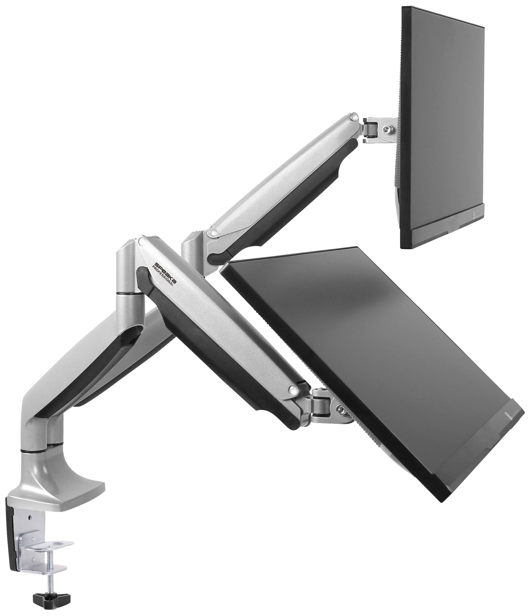 Two computer monitors on adjustable, silver-coloured swing arms, mounted to a desk. The monitors can be swivelled into different positions.