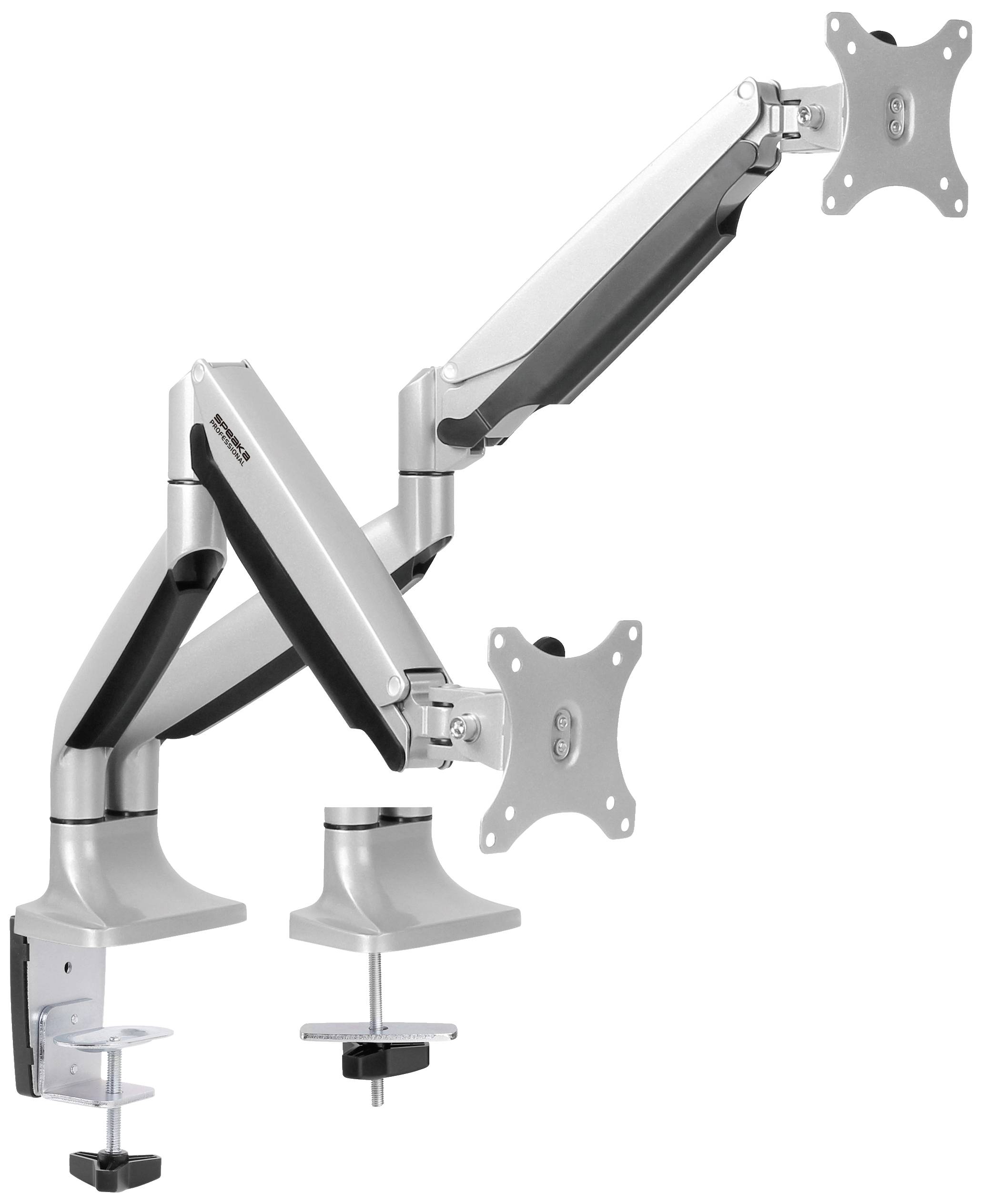 Two height-adjustable metal monitor arms with clamp fixings for mounting on a desk. Suitable for ergonomic working.