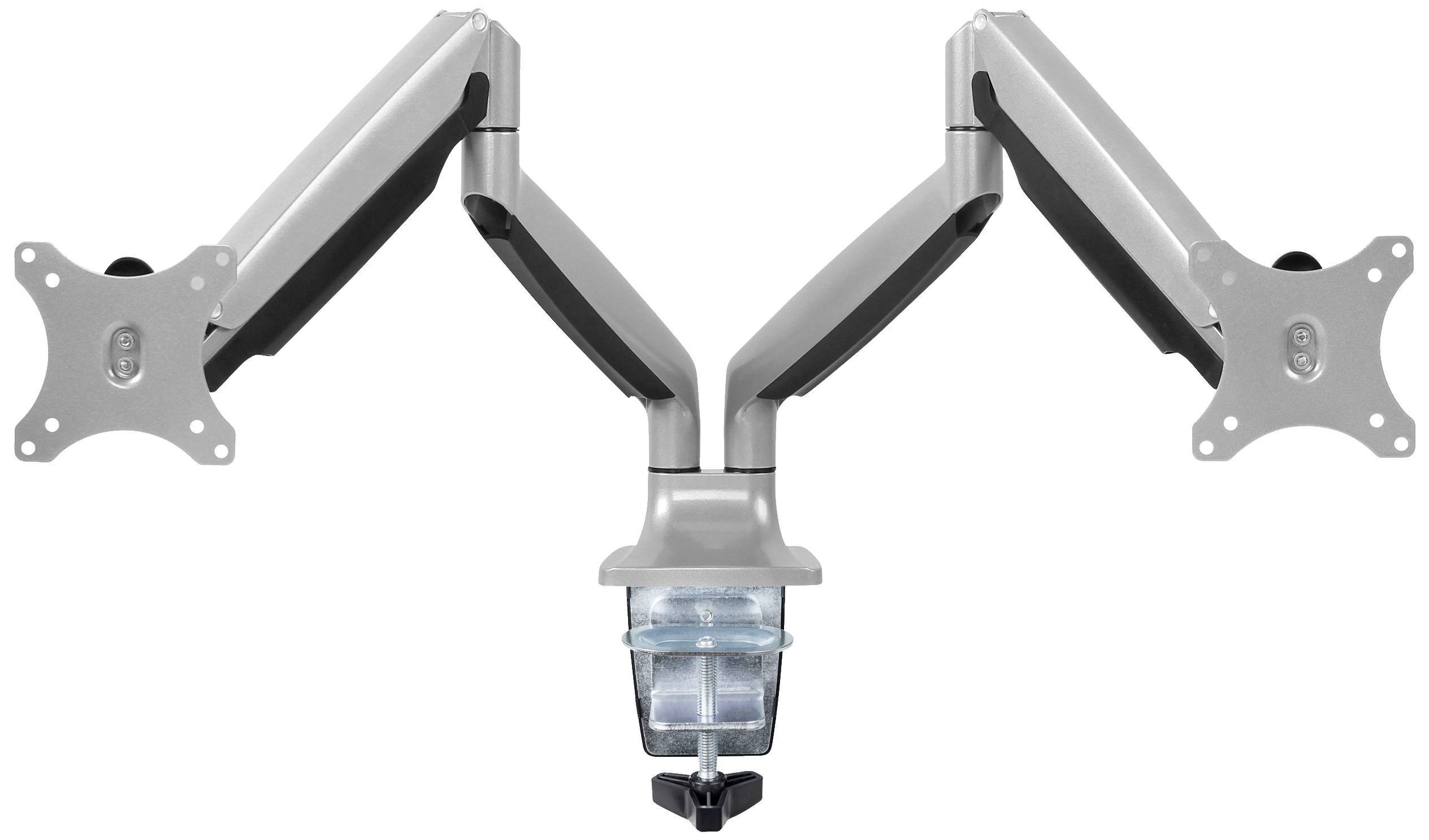 Double monitor arm in grey with central clamp for mounting, allows two screens to be positioned side by side.