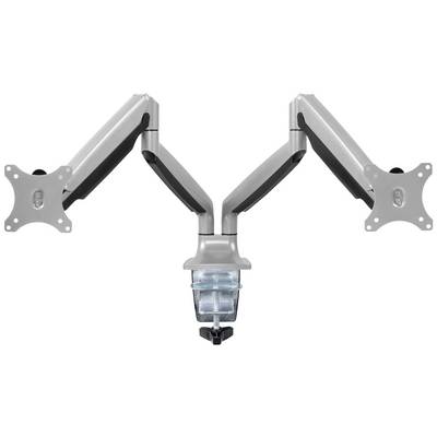 Double monitor arm in grey with central clamp for mounting, allows two screens to be positioned side by side.