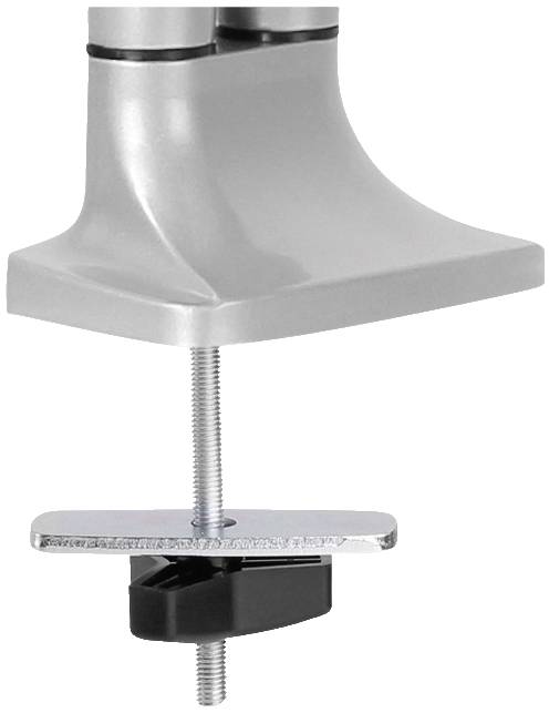 Grey table clamp with a screw attached to the underside of a square metal arm.