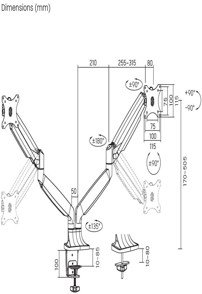 Technical drawing of a monitor arm with flexible joints. Dimensions in millimetres: 170–605 height, 255–315 width. Pivoting and tilt angles indicated.