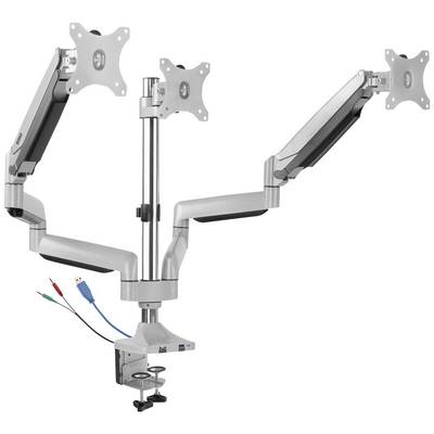 Monitor mount with two adjustable arms, each featuring VESA mounting points. A clamp connects the mount to a desk.