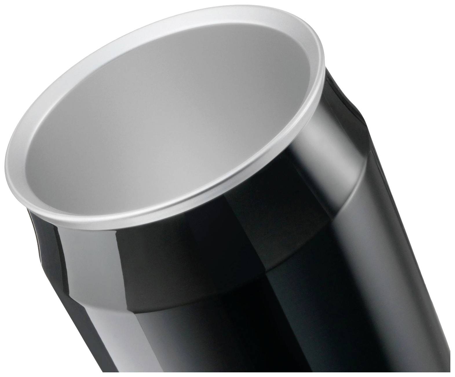 A black metal tube with a silver rim, photographed at an angle from above.