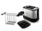 Stainless steel toaster with a bread roll attachment and crumb tray, suitable for two slices.