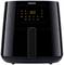 A black air fryer with a digital display shows the temperature of 180 degrees Celsius. Brand logo at the top.