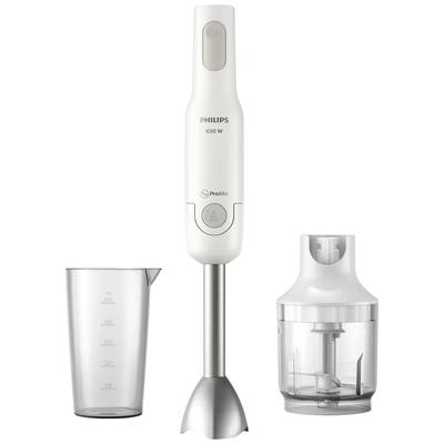 White hand blender with 650 W power from Philips, alongside a measuring jug and a container with a blade for chopping ingredients.