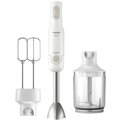 Hand Blender Set with a hand blender, whisk attachments and a transparent mixing container, 700 Watts power, suitable for blending and mixing.