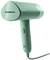 A portable, mint green clothing steamer by Philips with an ergonomic handle, multiple steam nozzles, and a power cord.