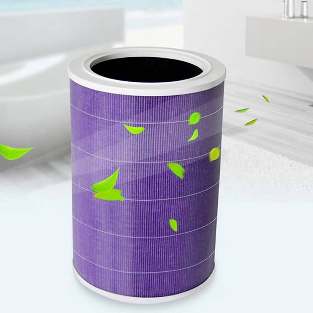 Violet air filter cylinder in a room, surrounded by floating green leaves, symbolises fresh air and purification.