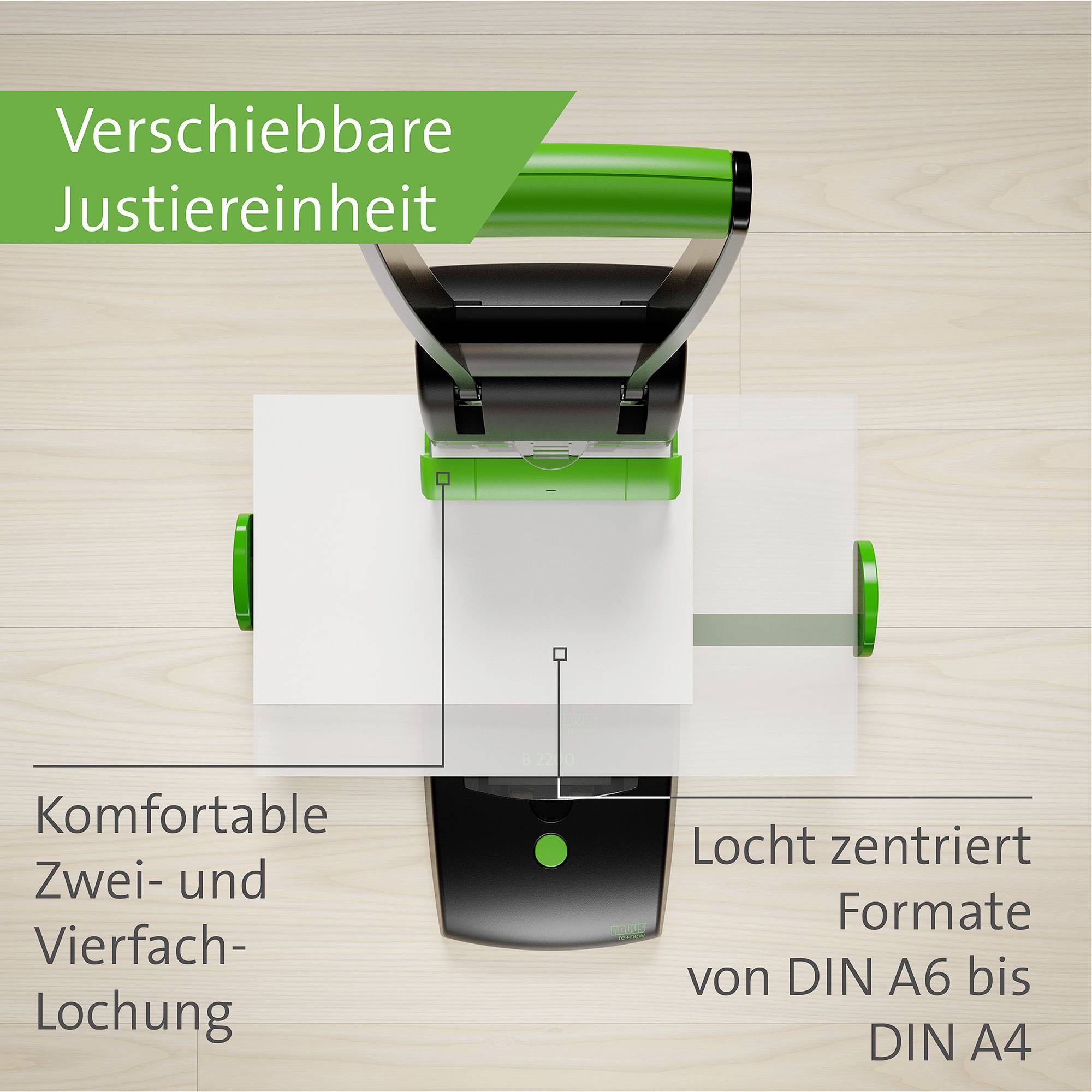'Adjustable Movable Punch Unit', shows a device with a lever for precise punching of paper formats from A6 to A4, with two and four-hole punching.
