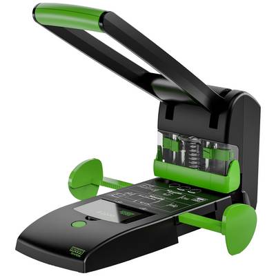Hole punch with black and green components on a table. Main lever in an upright position, display board with measurements visible.
