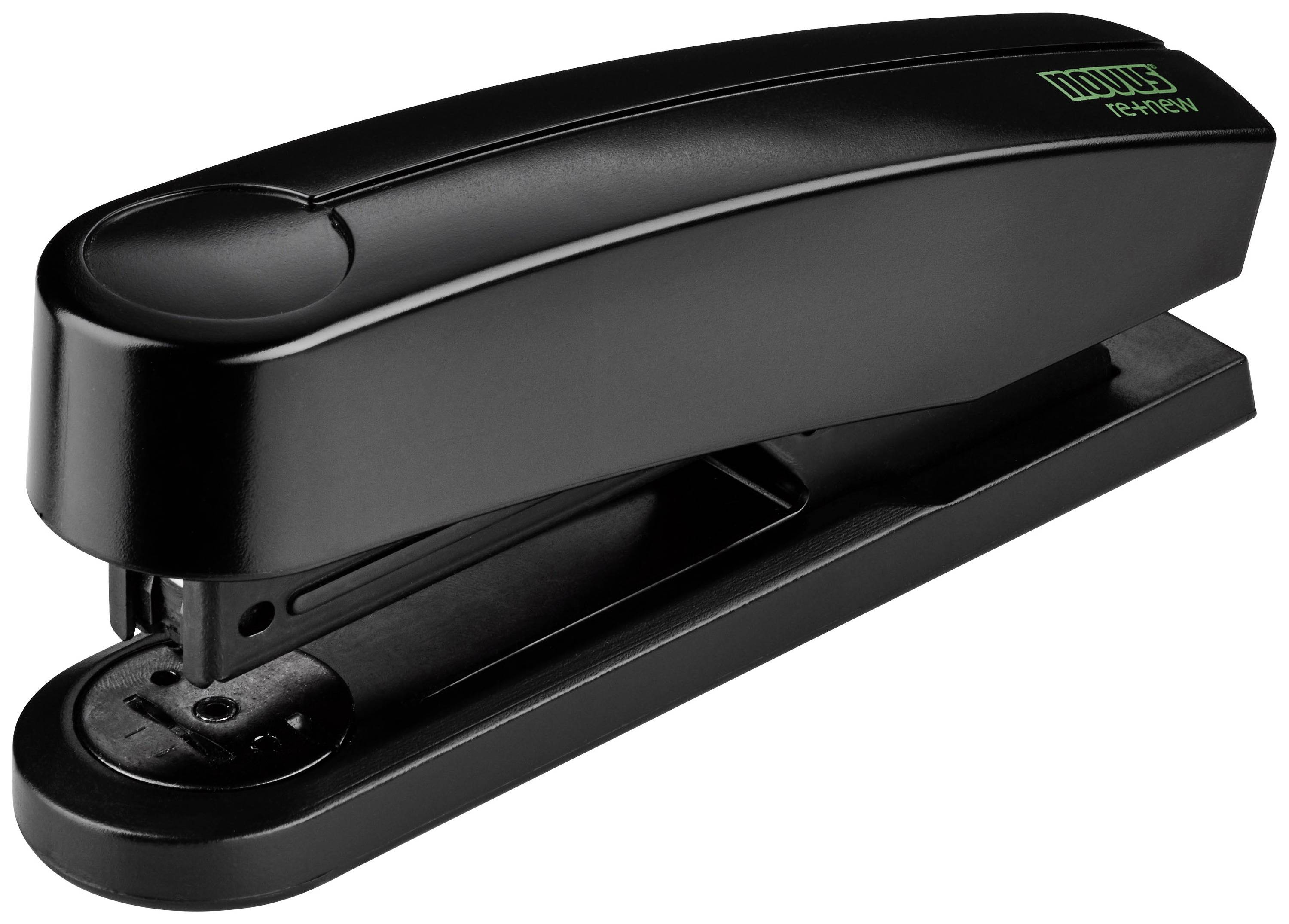 Black stapler with minimalist design, suitable for office applications.