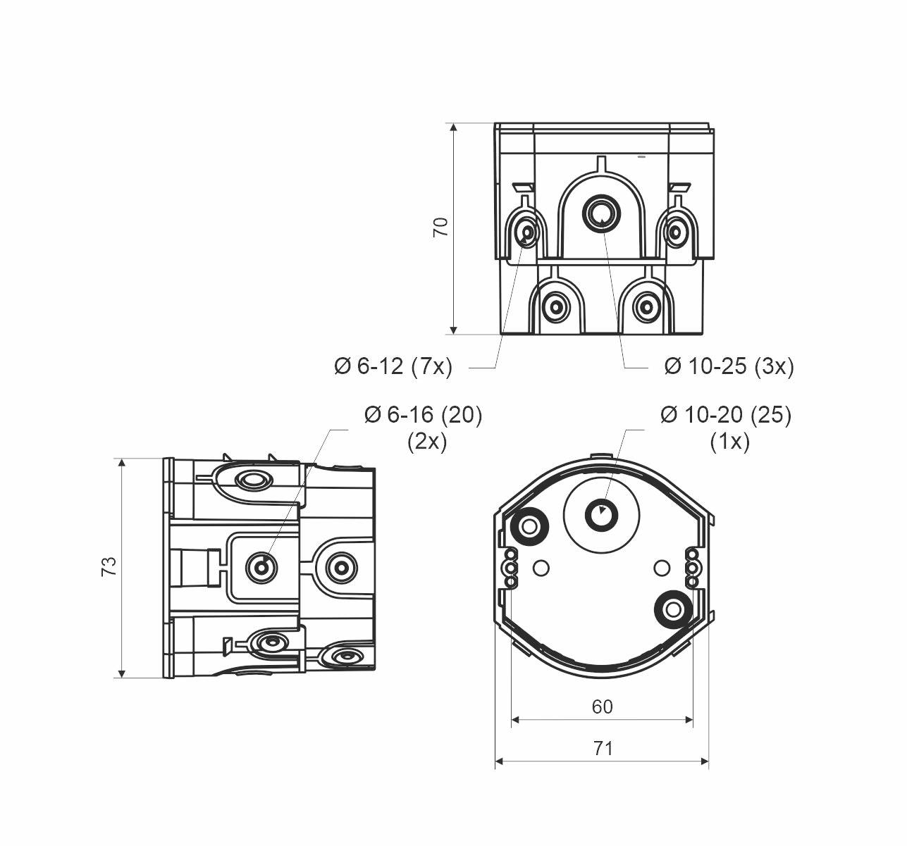 Technical drawing of a metal connection, showing dimensions and hole diameters: 73x71 mm overall size, drilling holes ranging from 6-25 mm.