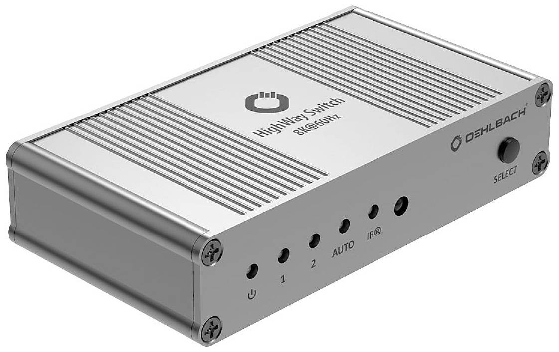A silver HDMI switcher with four ports and a button labelled 'SELECT'. 'Oehlbach' brand name on the side.