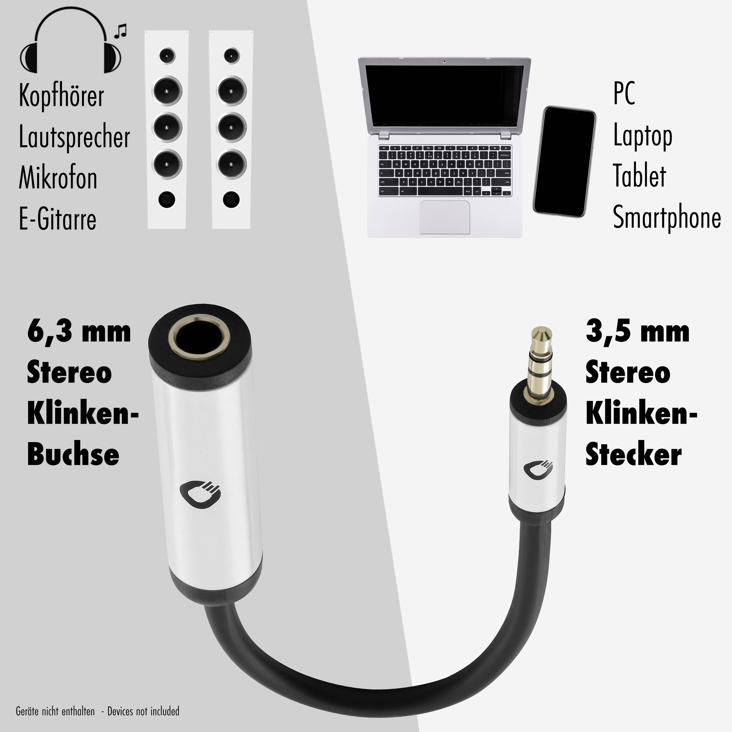 'Adapter for 6.3 mm jack socket to 3.5 mm jack plug. Connects devices such as PC, laptop, tablet and smartphone with headphones, speakers, microphones or electric guitars.'