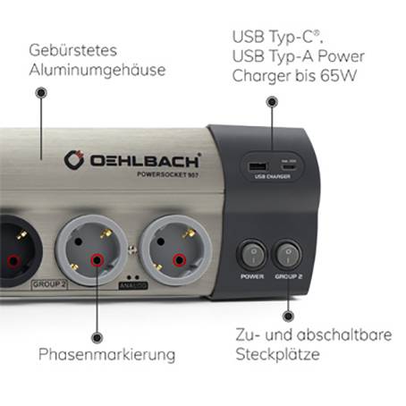 'Power Socket 907' Aluminium Power Strip with USB Type-C and Type-A Ports, Phase Marking and Switchable Outlets.