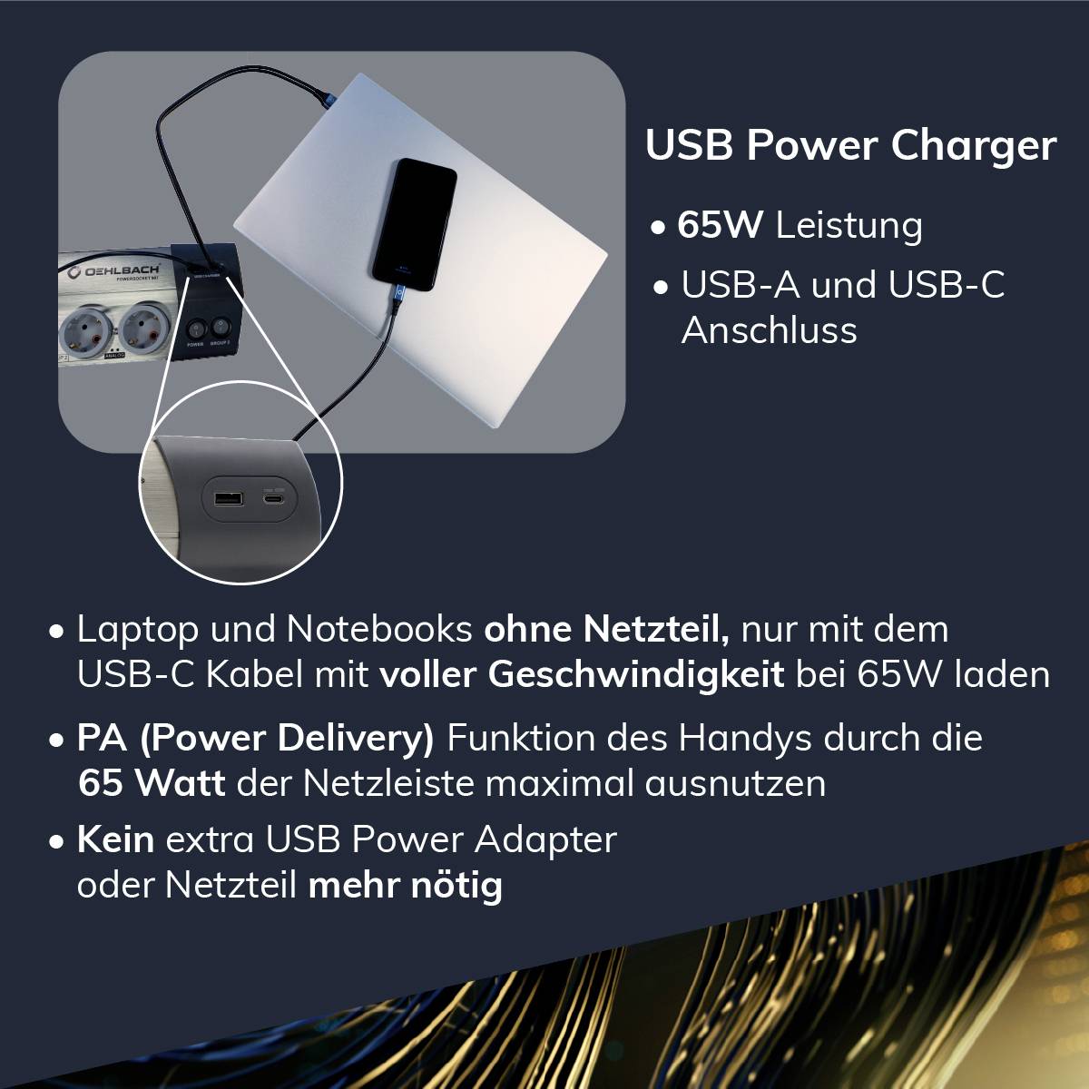'USB Power Charger': 65W output, USB-A and USB-C ports. Device on table, showing charging cable and power adapter in action.
