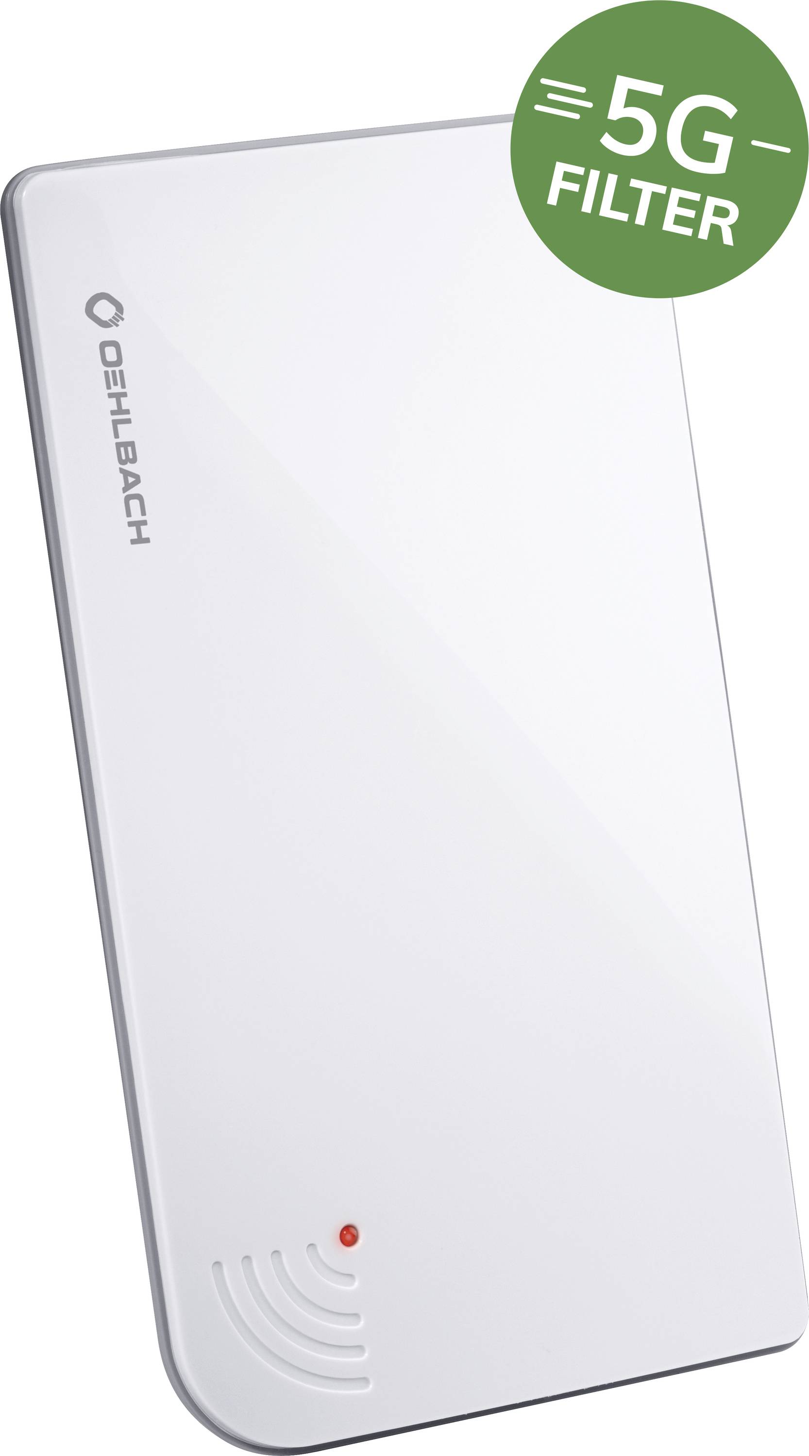 A white 5G filter with a green marking in the top right corner; integrated to reduce interference from mobile phone signals.