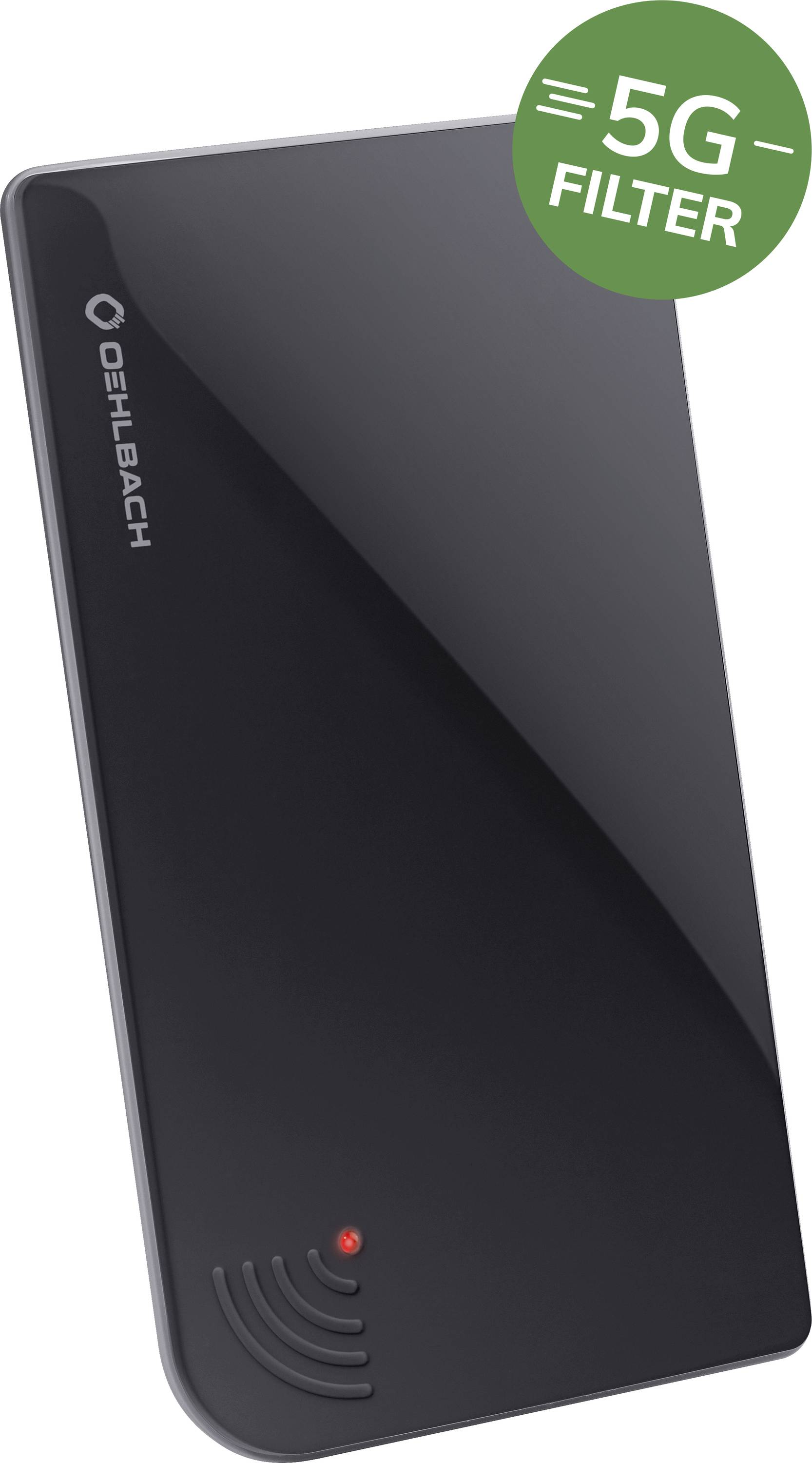 Black TV aerial with a green '5G Filter' sticker, branded with 'Oehlbach', and a red light in the bottom corner.